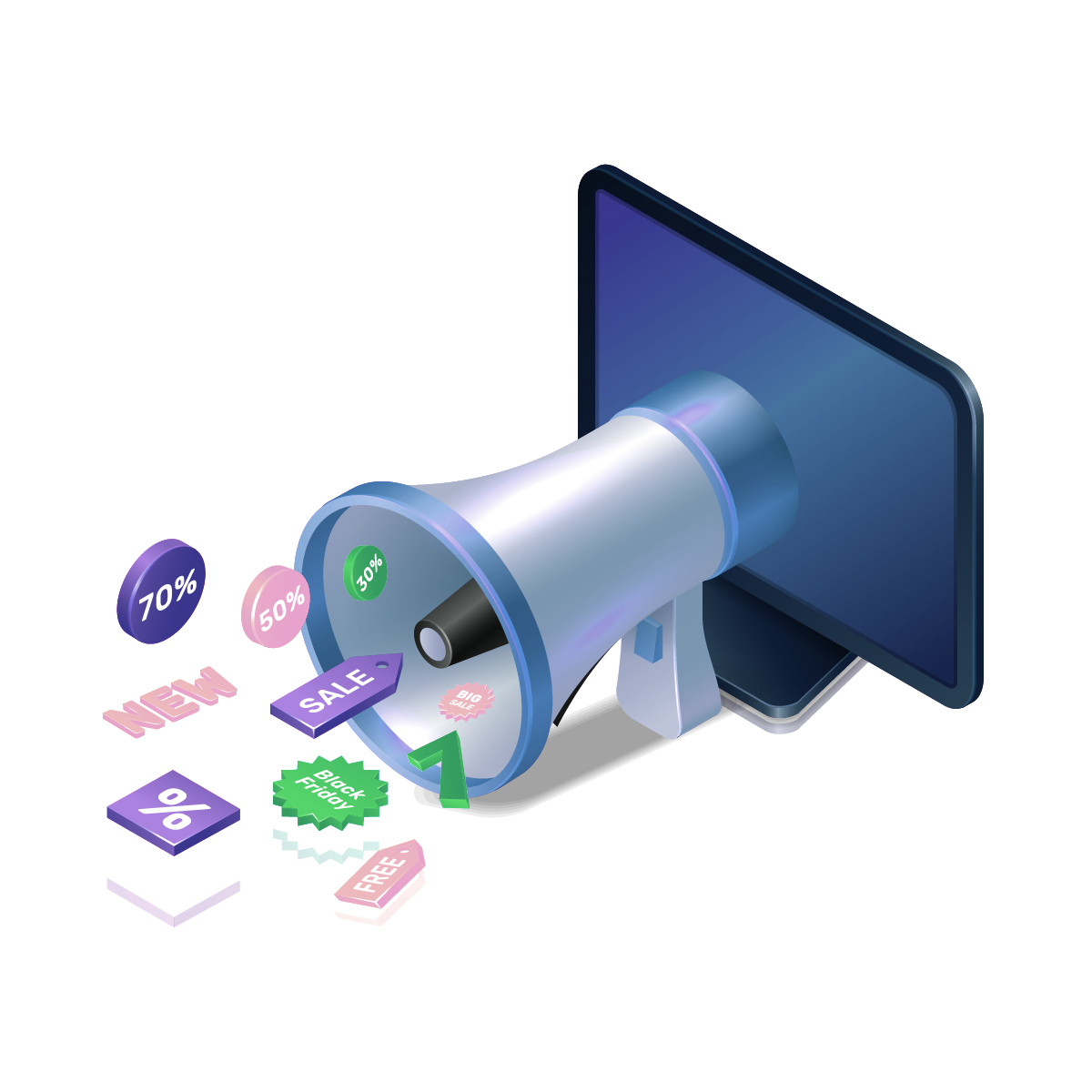 A digital illustration of a megaphone emerging from a computer screen, symbolizing online marketing and digital promotions. Various discount tags, sale labels, and promotional icons float around, representing special offers and advertising campaigns.