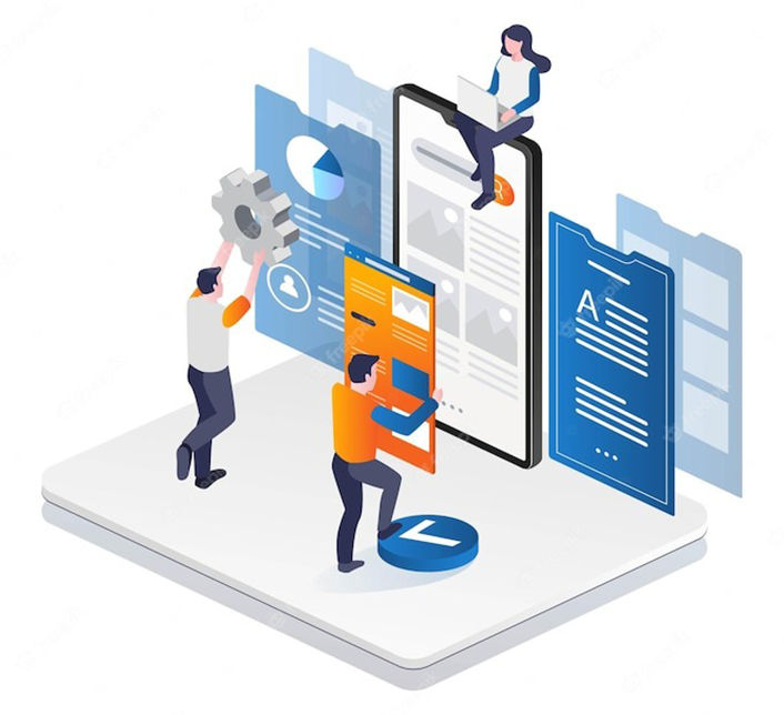 Isometric illustration of a team working on mobile app development, assembling interface elements and settings on a giant smartphone screen.